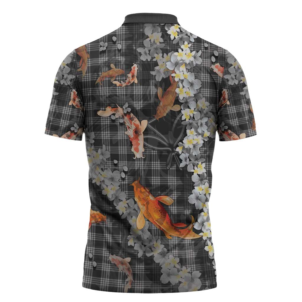 Black Palaka Hawaiian And Japanese Zipper Polo Shirt Sakura Lei With Koi Fish - Polynesian Pride