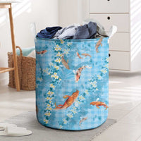 Blue Palaka Hawaiian And Japanese Laundry Basket Sakura Lei With Koi Fish DT05 Blue - Polynesian Pride