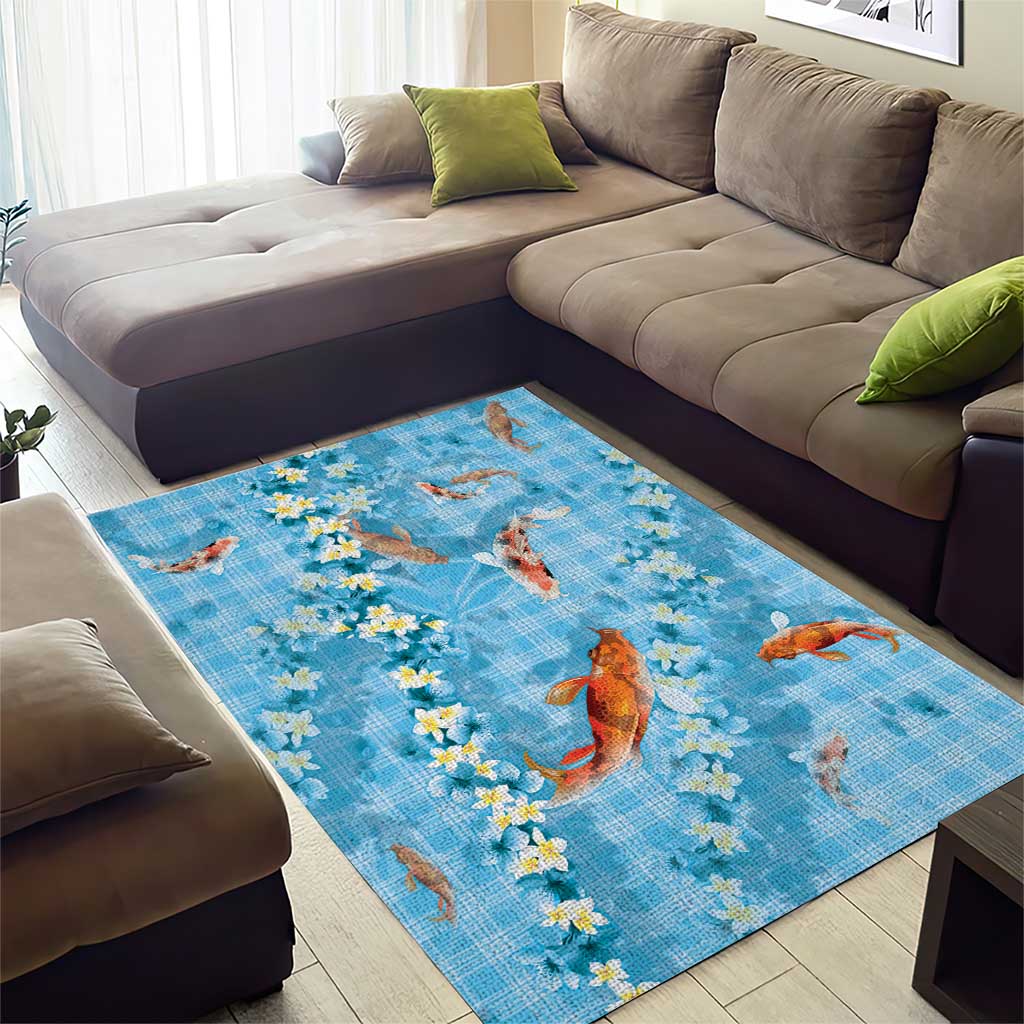 Blue Palaka Hawaiian And Japanese Area Rug Sakura Lei With Koi Fish - Polynesian Pride