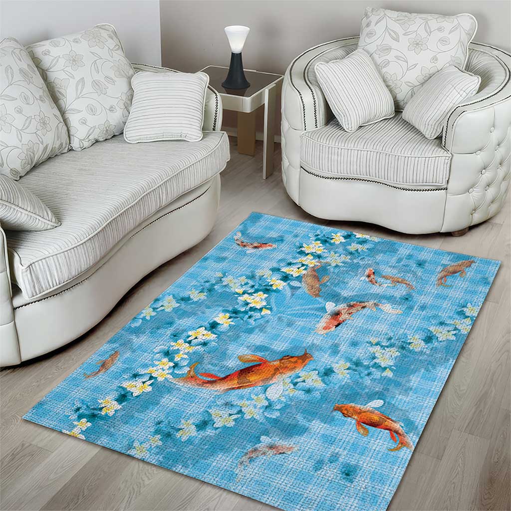 Blue Palaka Hawaiian And Japanese Area Rug Sakura Lei With Koi Fish - Polynesian Pride