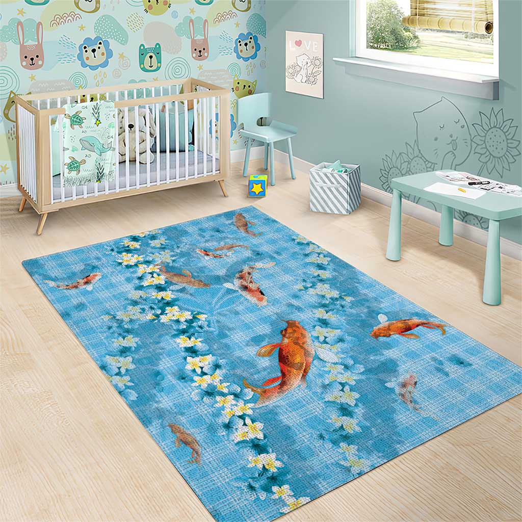 Blue Palaka Hawaiian And Japanese Area Rug Sakura Lei With Koi Fish - Polynesian Pride