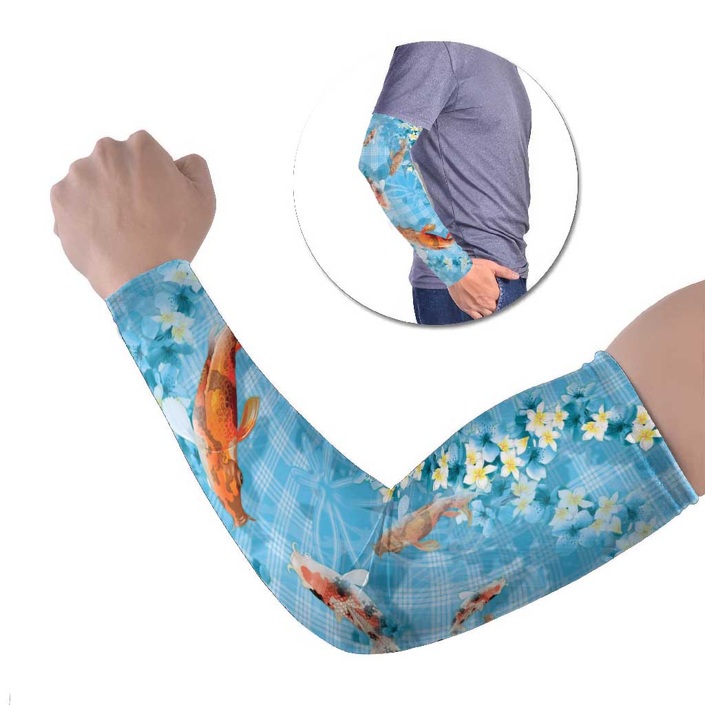 Blue Palaka Hawaiian And Japanese Arm Sleeves Sakura Lei With Koi Fish DT05 Set of 2 Blue - Polynesian Pride