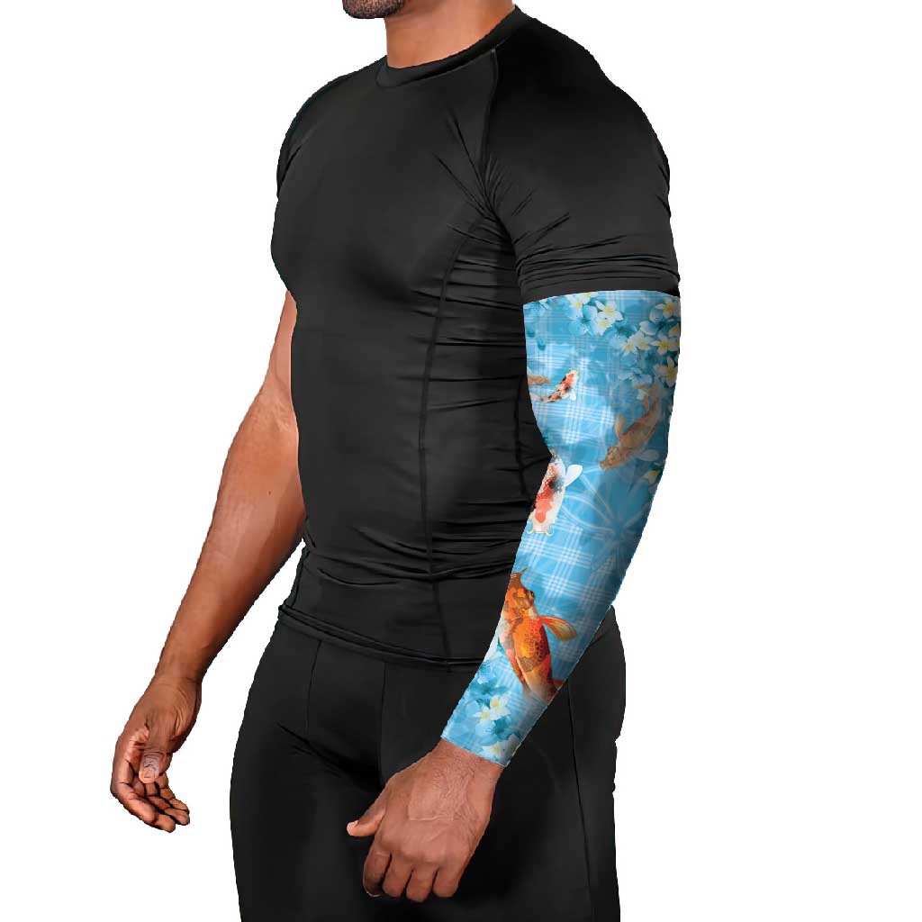 Blue Palaka Hawaiian And Japanese Arm Sleeves Sakura Lei With Koi Fish DT05 - Polynesian Pride
