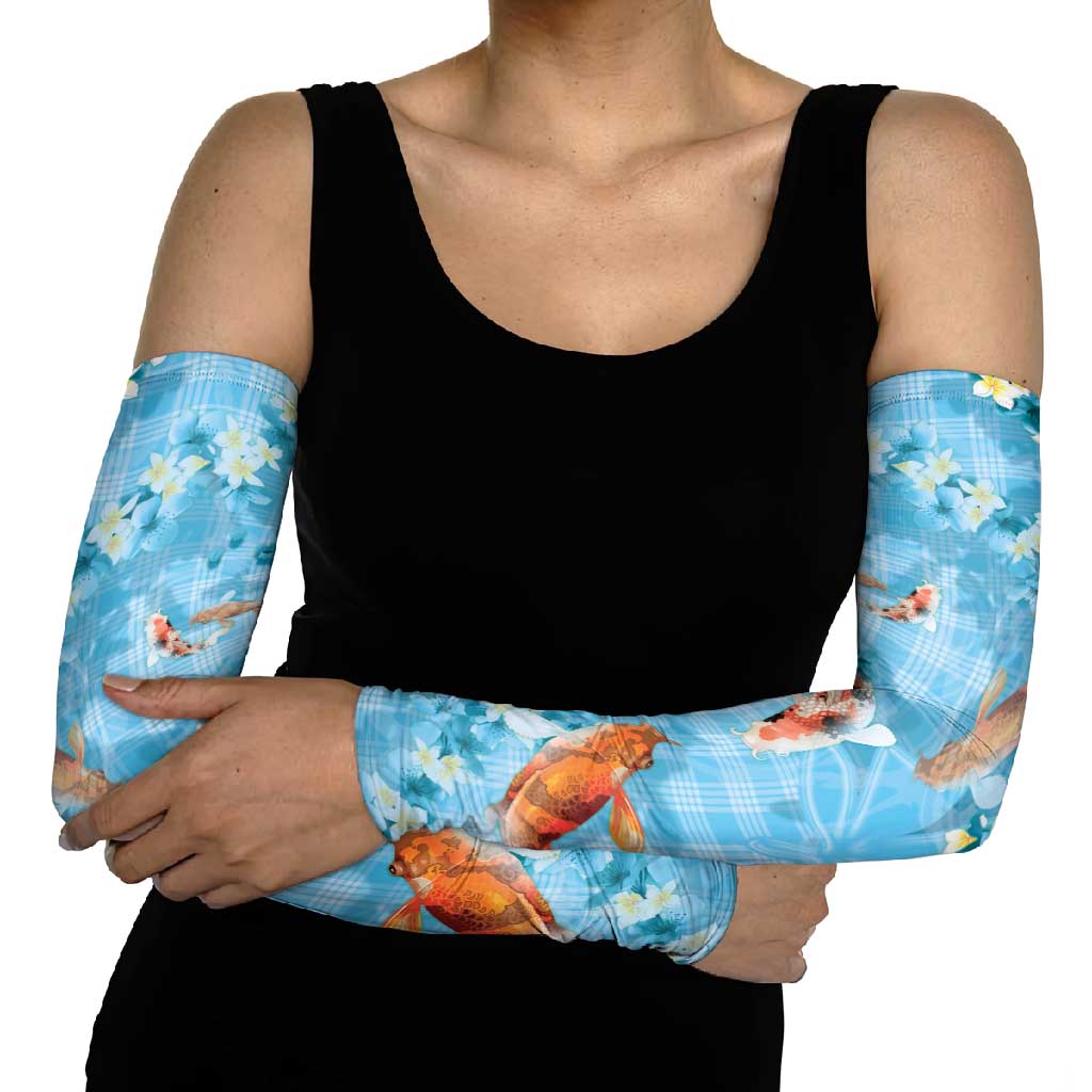 Blue Palaka Hawaiian And Japanese Arm Sleeves Sakura Lei With Koi Fish DT05 - Polynesian Pride