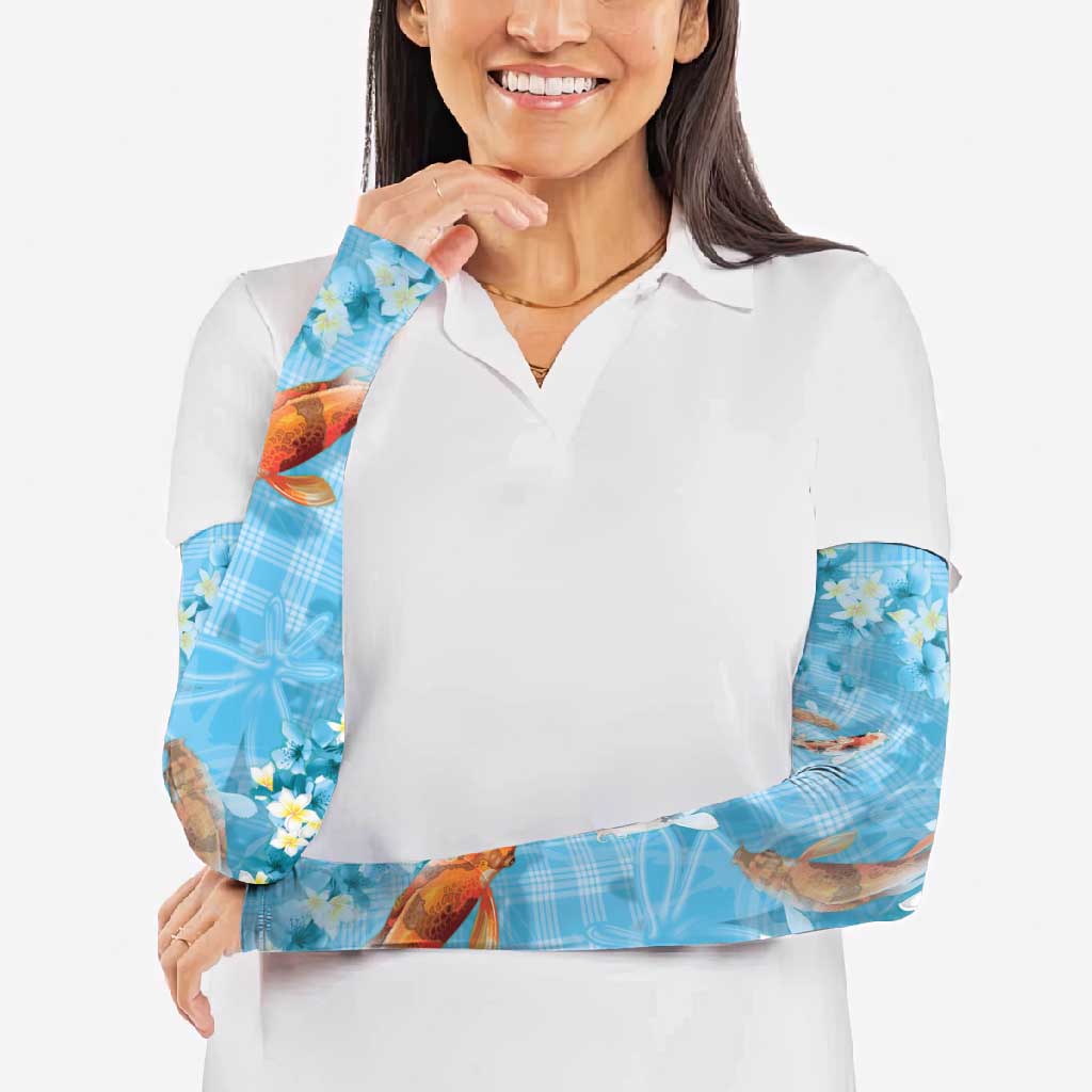 Blue Palaka Hawaiian And Japanese Arm Sleeves Sakura Lei With Koi Fish DT05 - Polynesian Pride