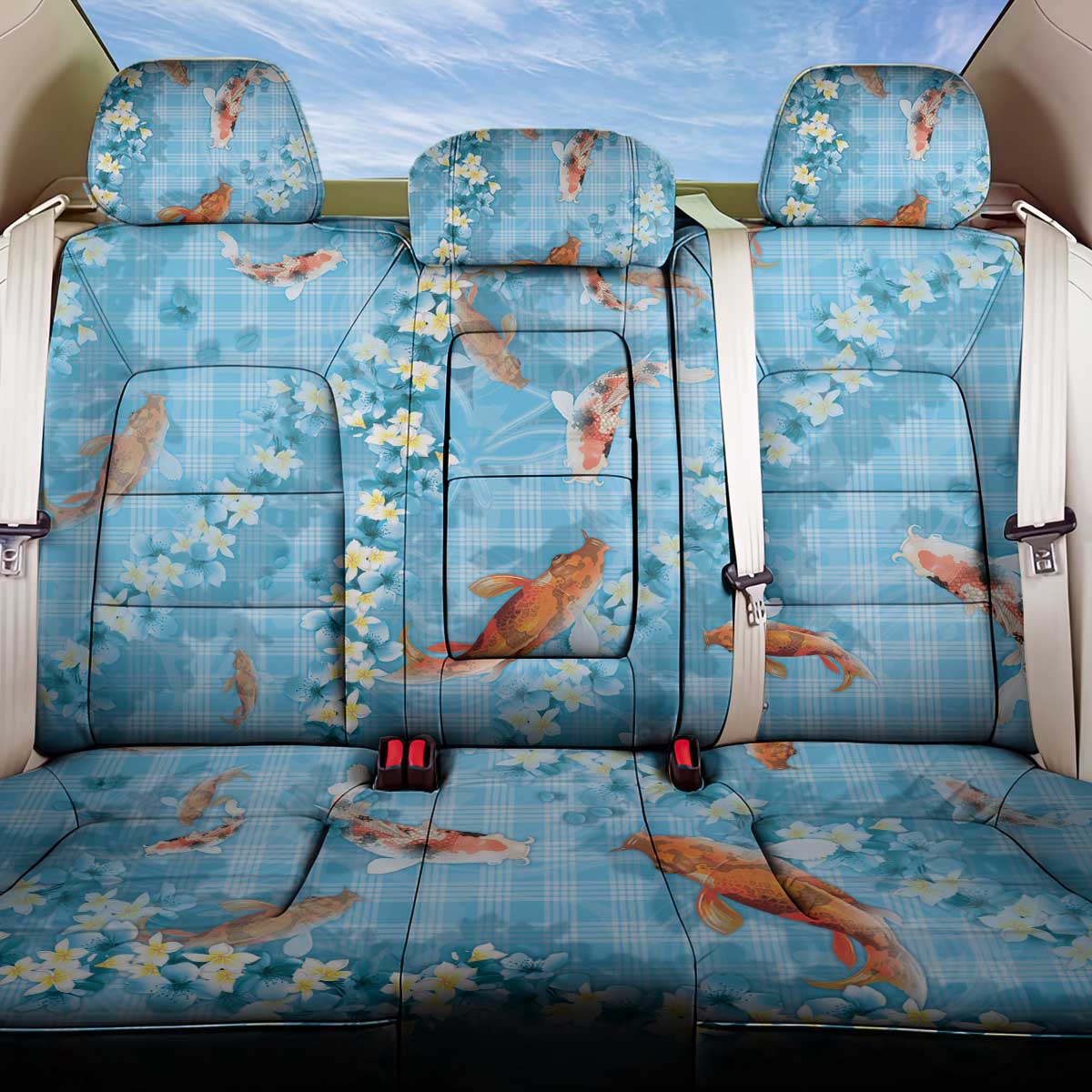 Blue Palaka Hawaiian And Japanese Back Car Seat Cover Sakura Lei With Koi Fish DT05 One Size Blue - Polynesian Pride