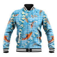 Blue Palaka Hawaiian And Japanese Baseball Jacket Sakura Lei With Koi Fish DT05 Unisex Blue - Polynesian Pride