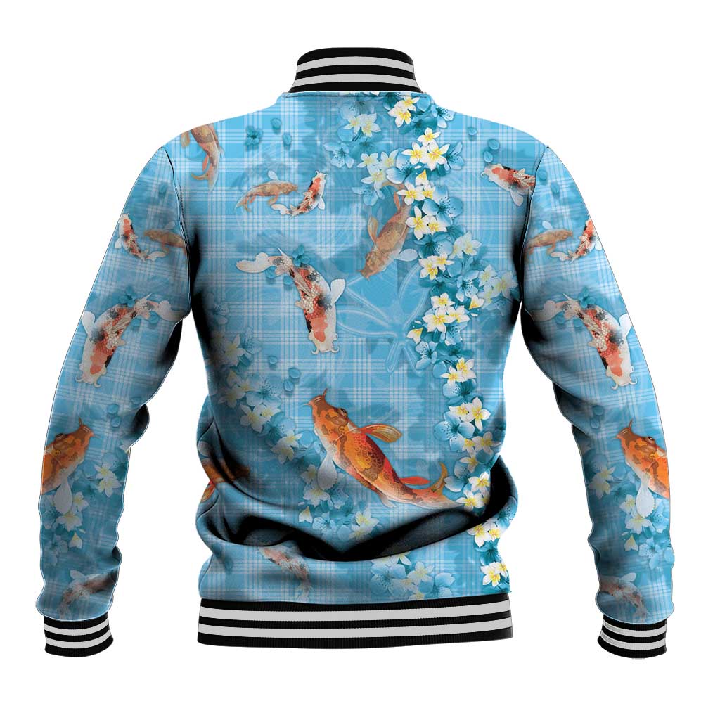 Blue Palaka Hawaiian And Japanese Baseball Jacket Sakura Lei With Koi Fish DT05 - Polynesian Pride