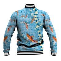 Blue Palaka Hawaiian And Japanese Baseball Jacket Sakura Lei With Koi Fish DT05 - Polynesian Pride