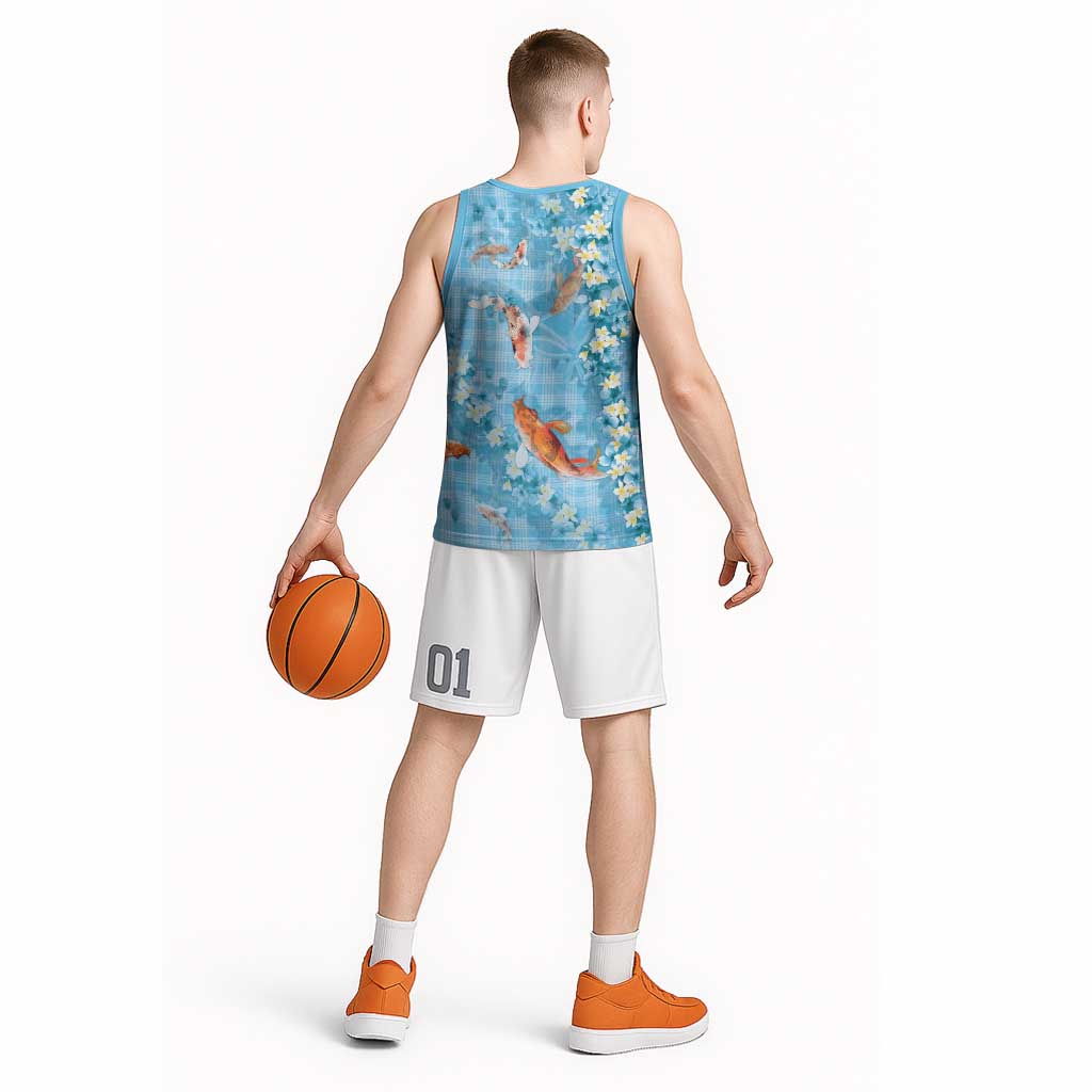 Blue Palaka Hawaiian And Japanese Basketball Jersey Sakura Lei With Koi Fish DT05 - Polynesian Pride