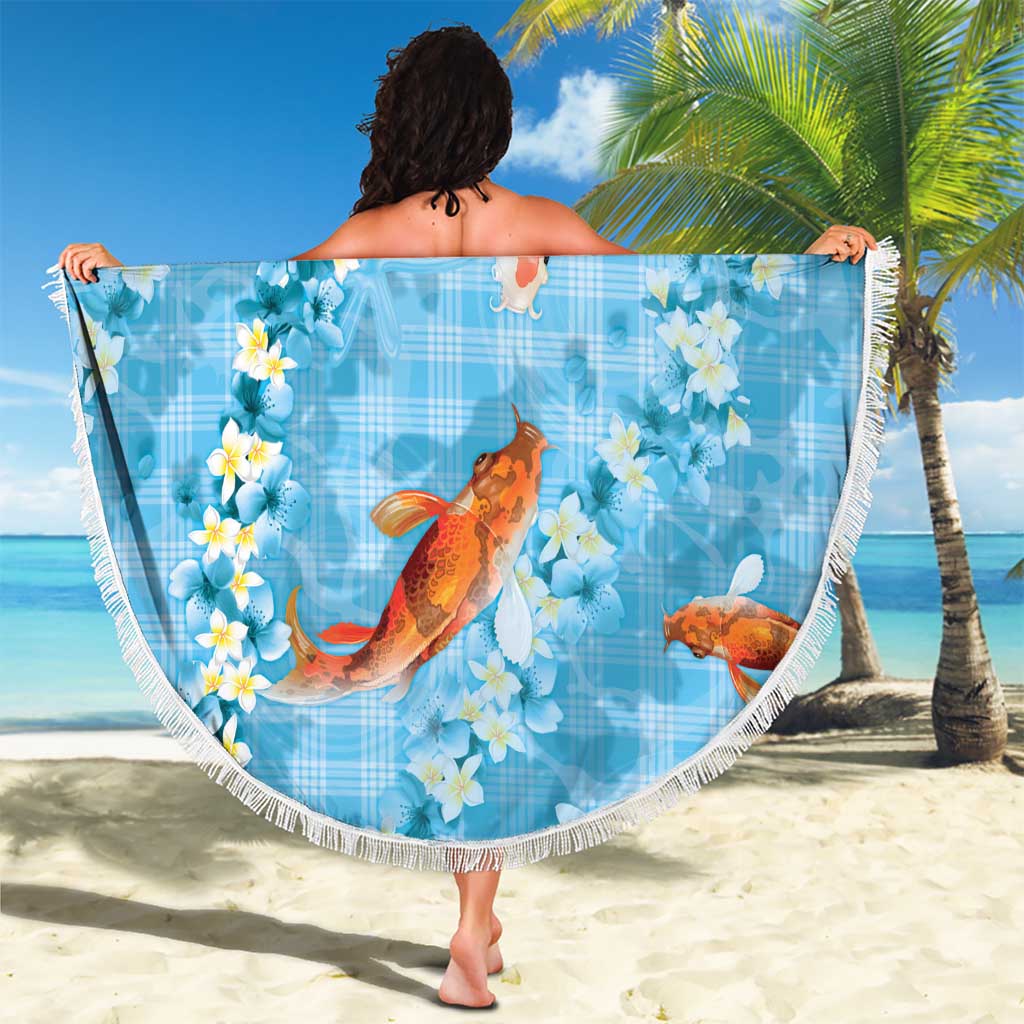 Blue Palaka Hawaiian And Japanese Beach Blanket Sakura Lei With Koi Fish - Polynesian Pride