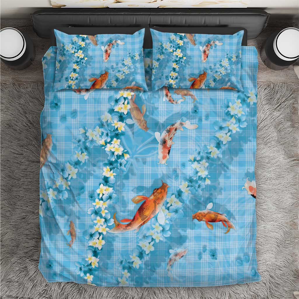 Blue Palaka Hawaiian And Japanese Bedding Set Sakura Lei With Koi Fish - Polynesian Pride