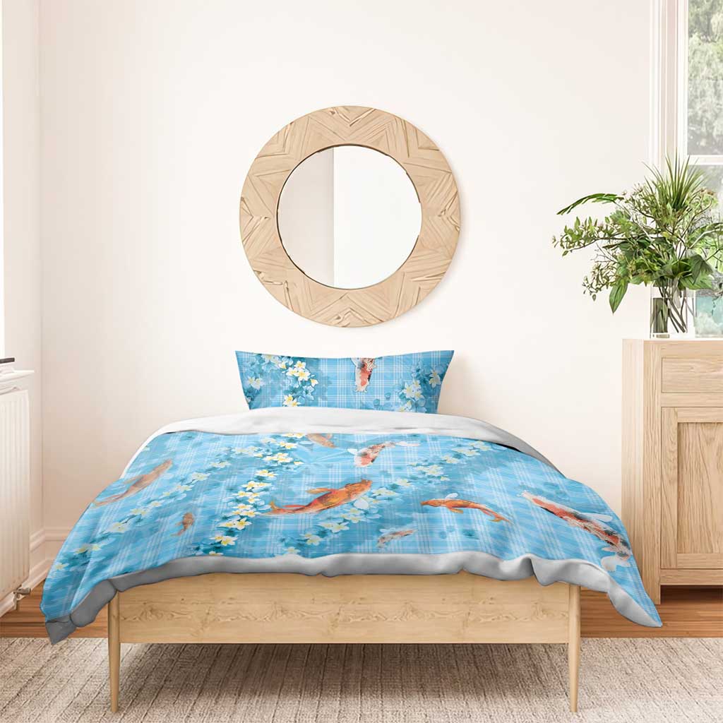 Blue Palaka Hawaiian And Japanese Bedding Set Sakura Lei With Koi Fish - Polynesian Pride