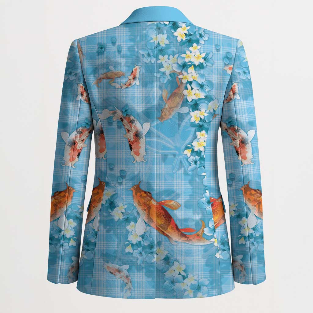 Blue Palaka Hawaiian And Japanese Blazer Sakura Lei With Koi Fish - Polynesian Pride