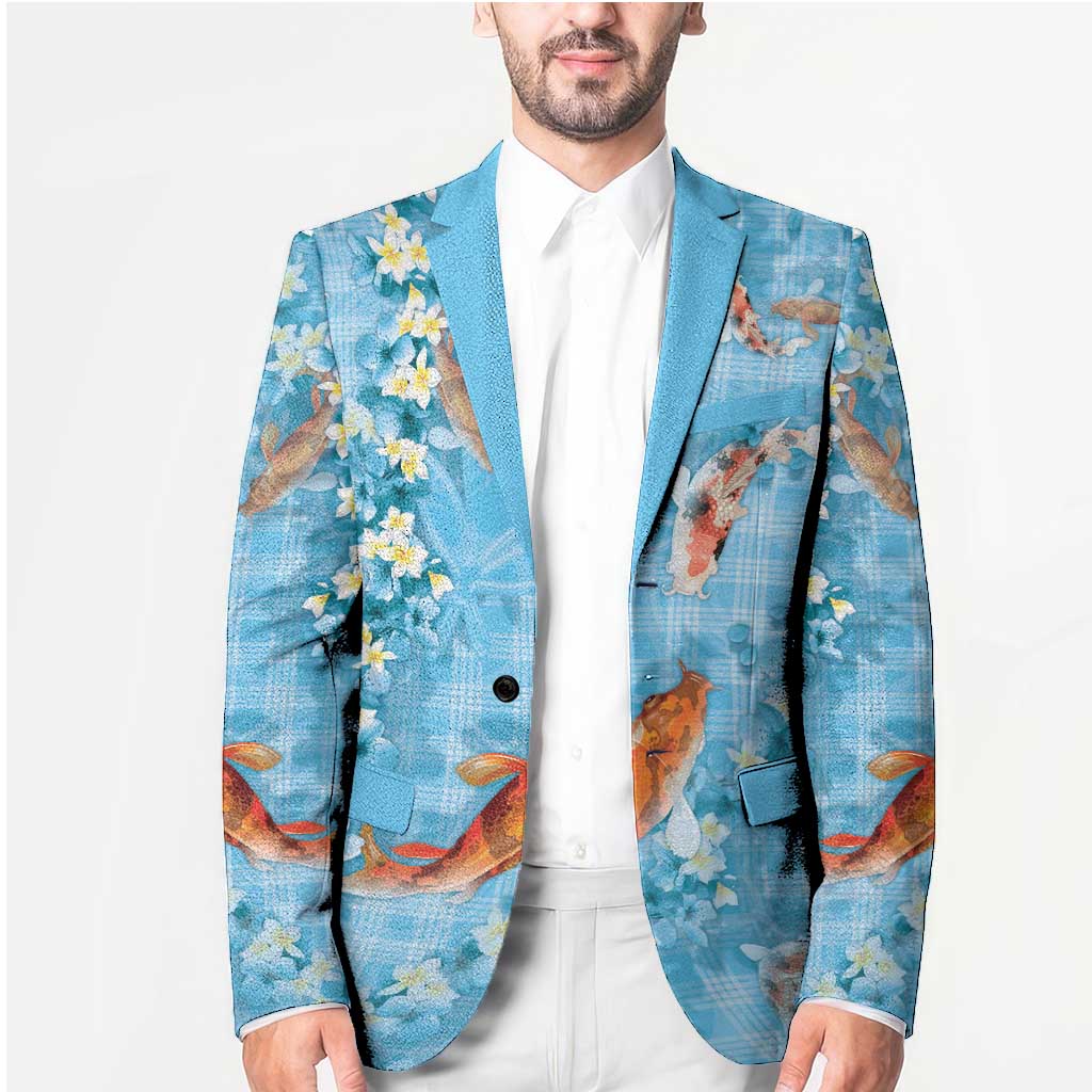 Blue Palaka Hawaiian And Japanese Blazer Sakura Lei With Koi Fish - Polynesian Pride