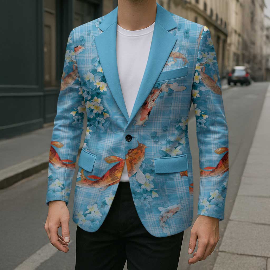 Blue Palaka Hawaiian And Japanese Blazer Sakura Lei With Koi Fish - Polynesian Pride