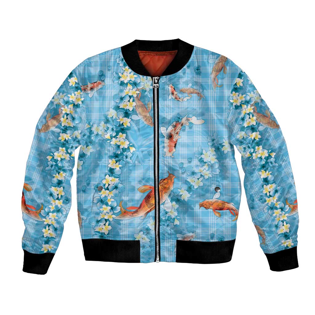 Blue Palaka Hawaiian And Japanese Bomber Jacket Sakura Lei With Koi Fish - Polynesian Pride