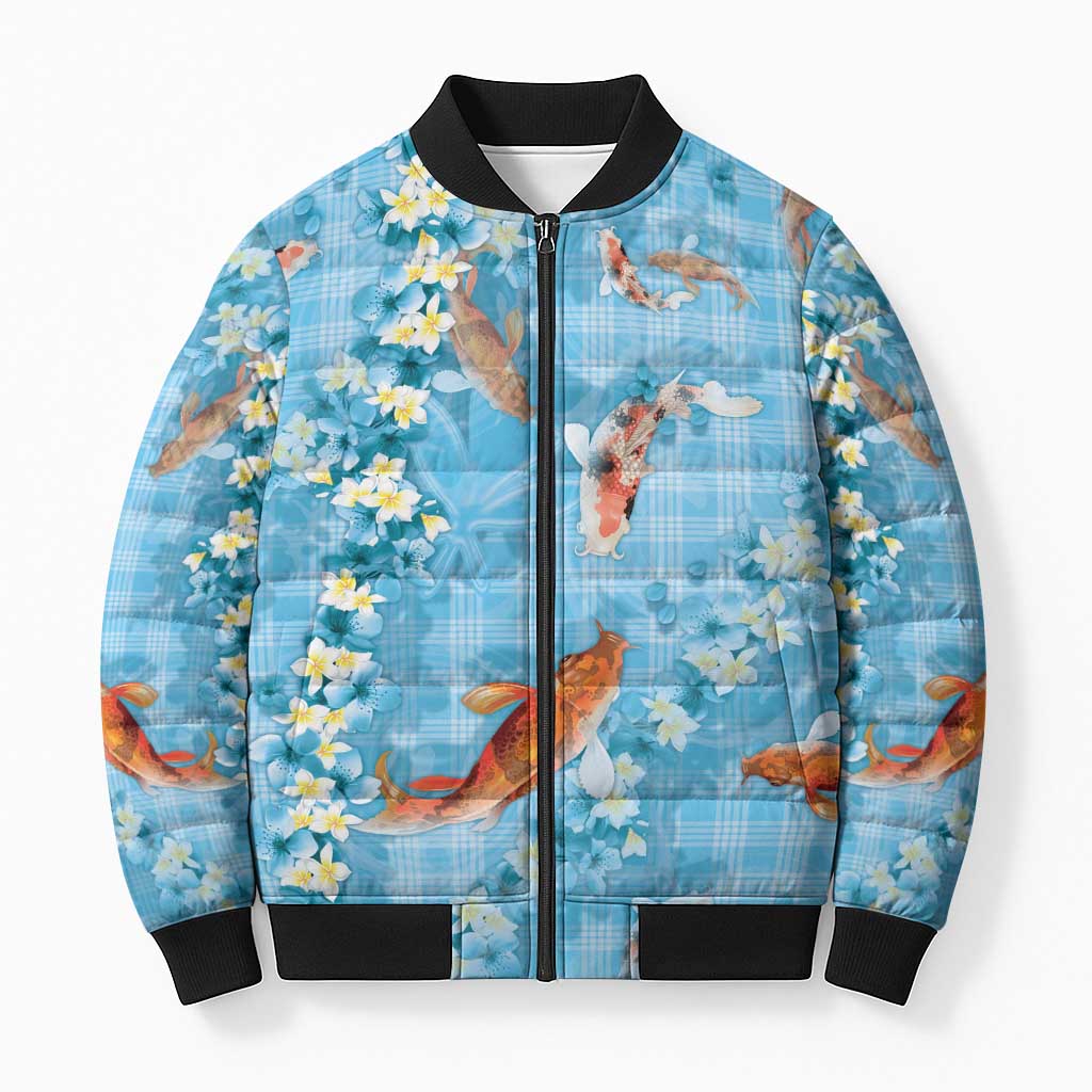Blue Palaka Hawaiian And Japanese Bomber Puffer Jacket Sakura Lei With Koi Fish DT05 Unisex Blue - Polynesian Pride
