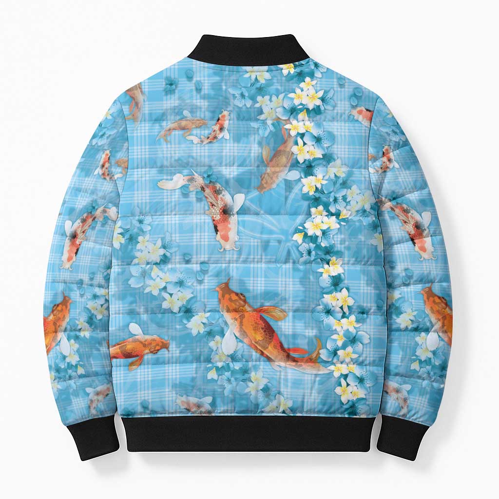 Blue Palaka Hawaiian And Japanese Bomber Puffer Jacket Sakura Lei With Koi Fish DT05 - Polynesian Pride