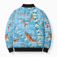 Blue Palaka Hawaiian And Japanese Bomber Puffer Jacket Sakura Lei With Koi Fish DT05 - Polynesian Pride