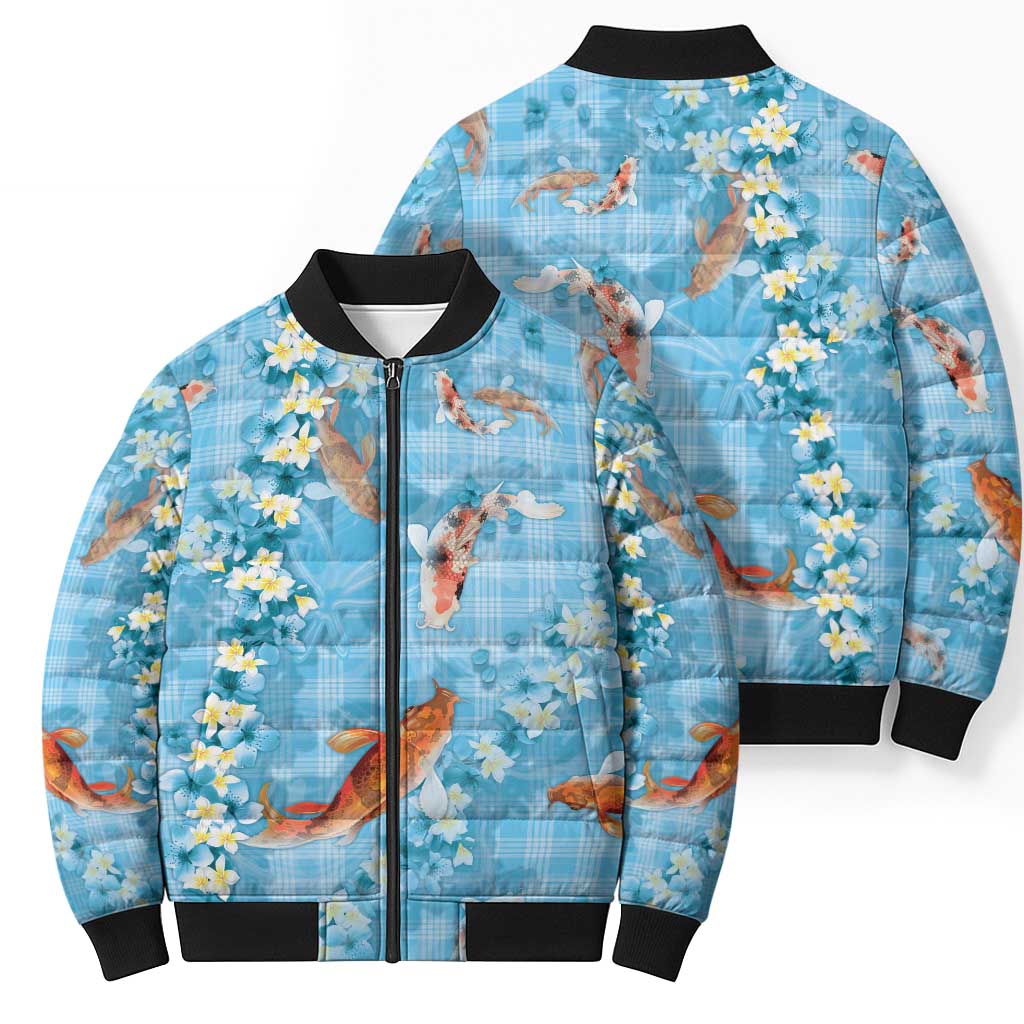 Blue Palaka Hawaiian And Japanese Bomber Puffer Jacket Sakura Lei With Koi Fish DT05 - Polynesian Pride