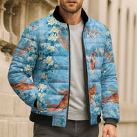 Blue Palaka Hawaiian And Japanese Bomber Puffer Jacket Sakura Lei With Koi Fish DT05 - Polynesian Pride