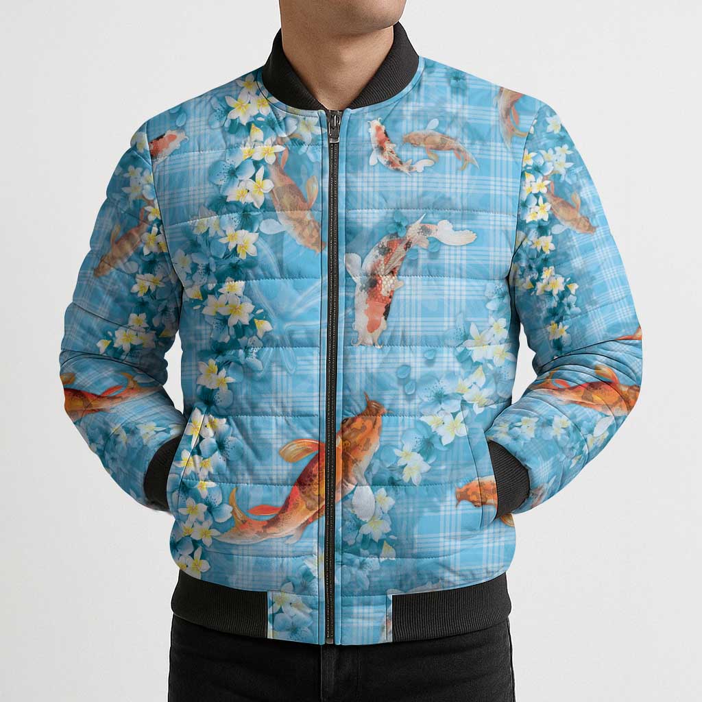Blue Palaka Hawaiian And Japanese Bomber Puffer Jacket Sakura Lei With Koi Fish DT05 - Polynesian Pride