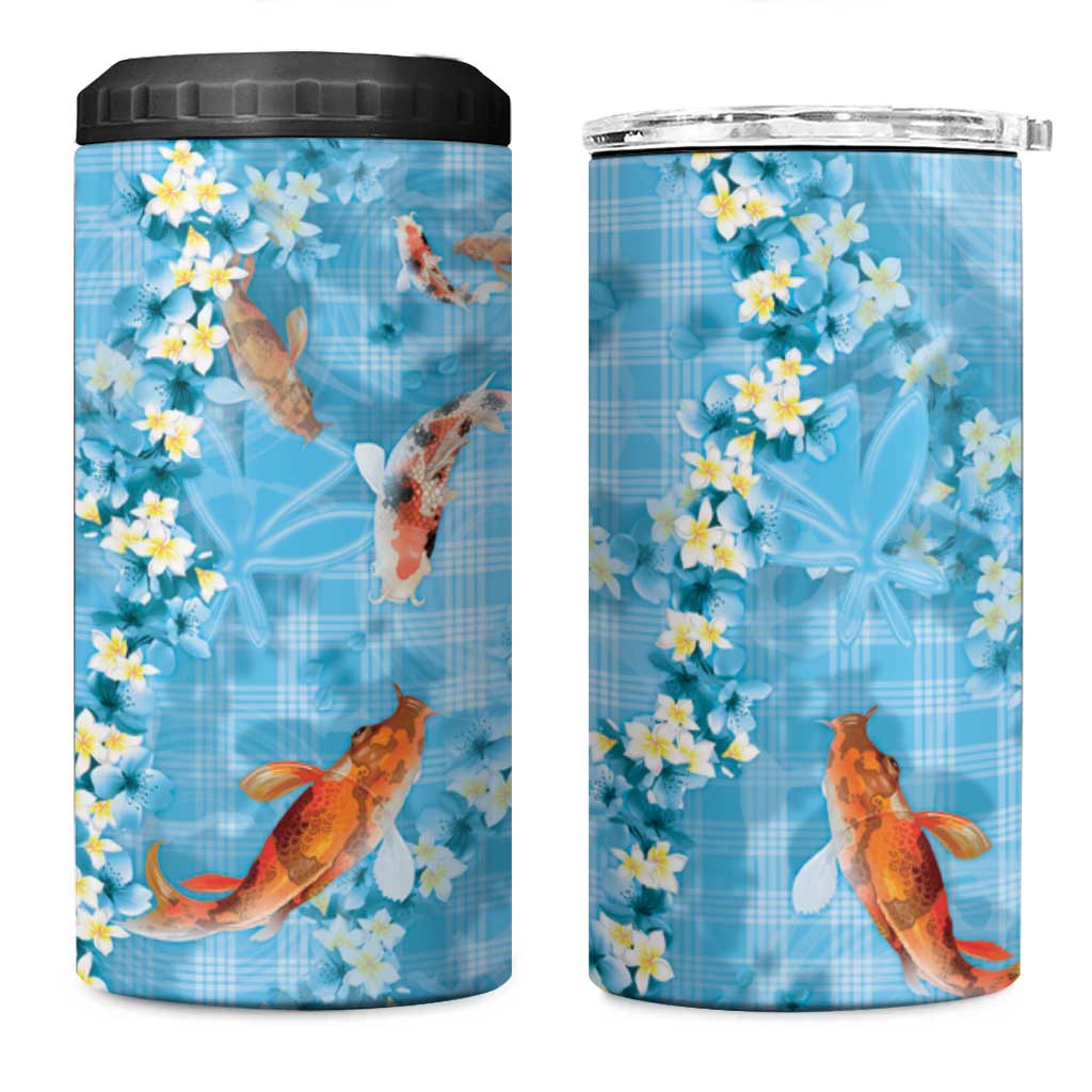 Blue Palaka Hawaiian And Japanese 4 in 1 Can Cooler Tumbler Sakura Lei With Koi Fish - Polynesian Pride