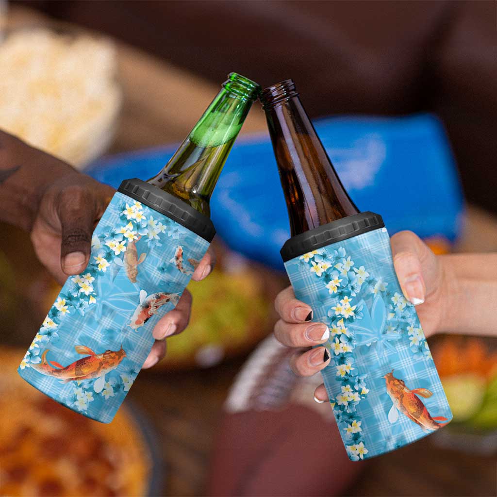 Blue Palaka Hawaiian And Japanese 4 in 1 Can Cooler Tumbler Sakura Lei With Koi Fish - Polynesian Pride