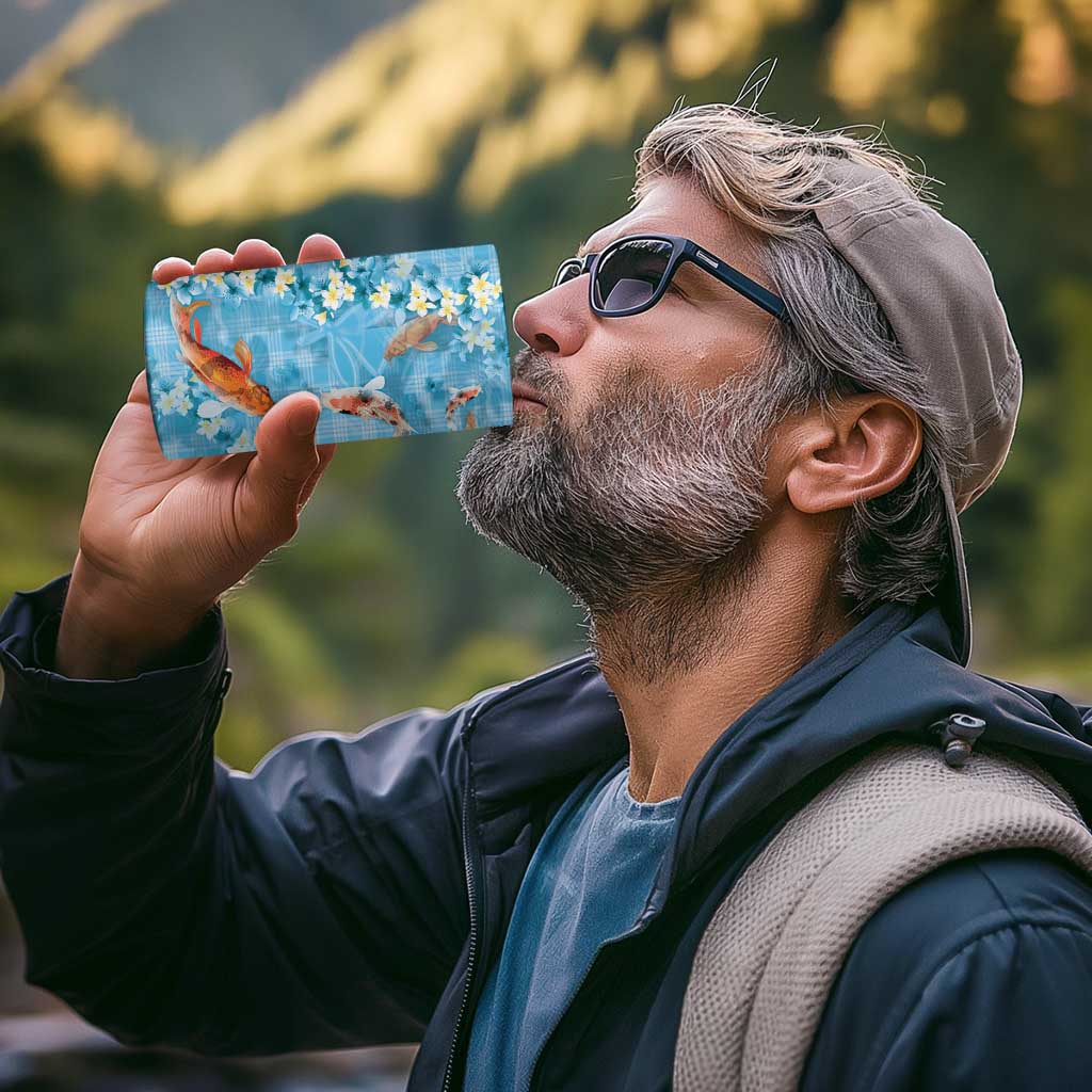 Blue Palaka Hawaiian And Japanese 4 in 1 Can Cooler Tumbler Sakura Lei With Koi Fish - Polynesian Pride