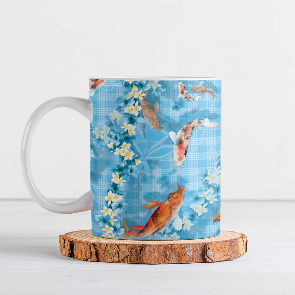 Blue Palaka Hawaiian And Japanese Ceramic Mug Sakura Lei With Koi Fish DT05 Blue - Polynesian Pride