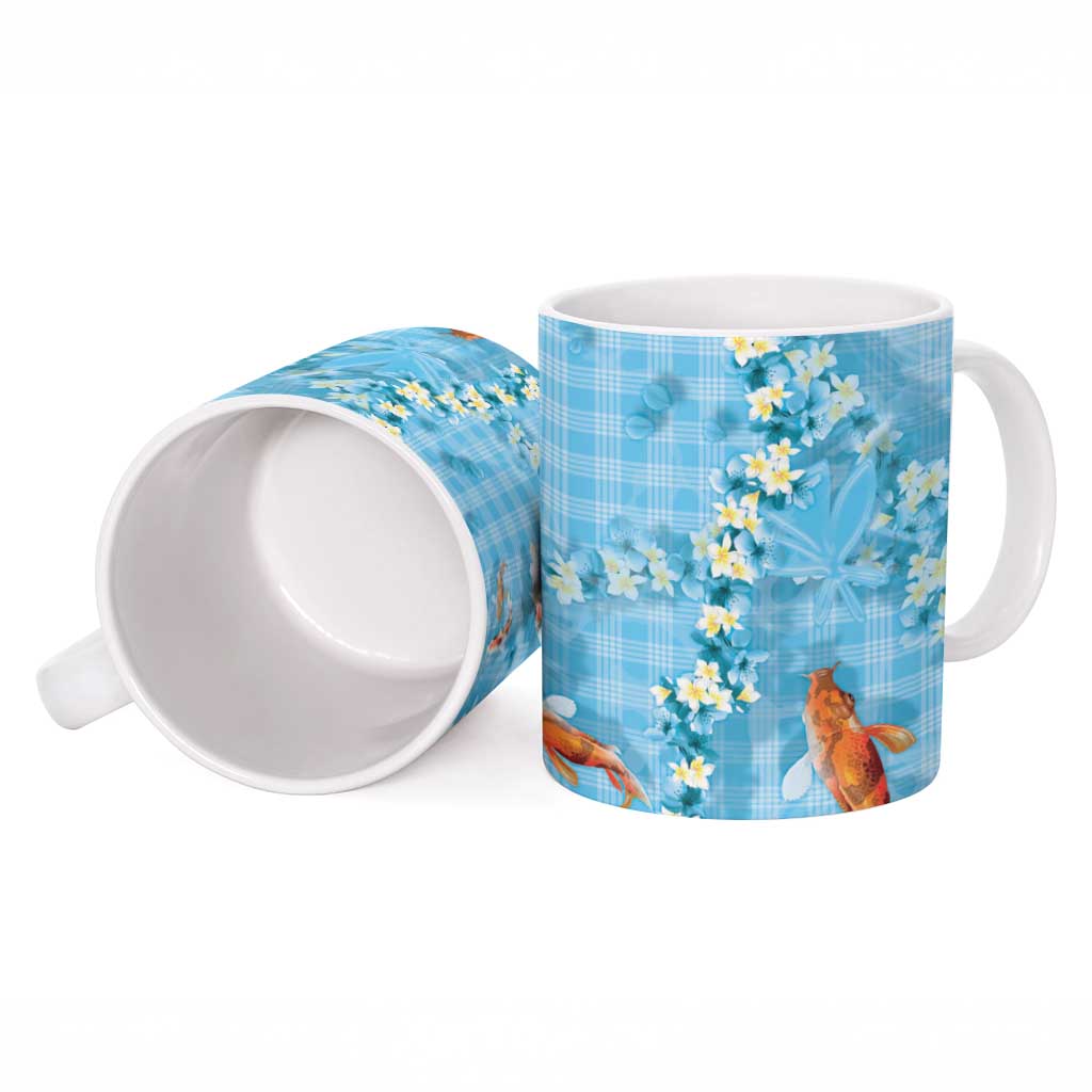 Blue Palaka Hawaiian And Japanese Ceramic Mug Sakura Lei With Koi Fish DT05 - Polynesian Pride