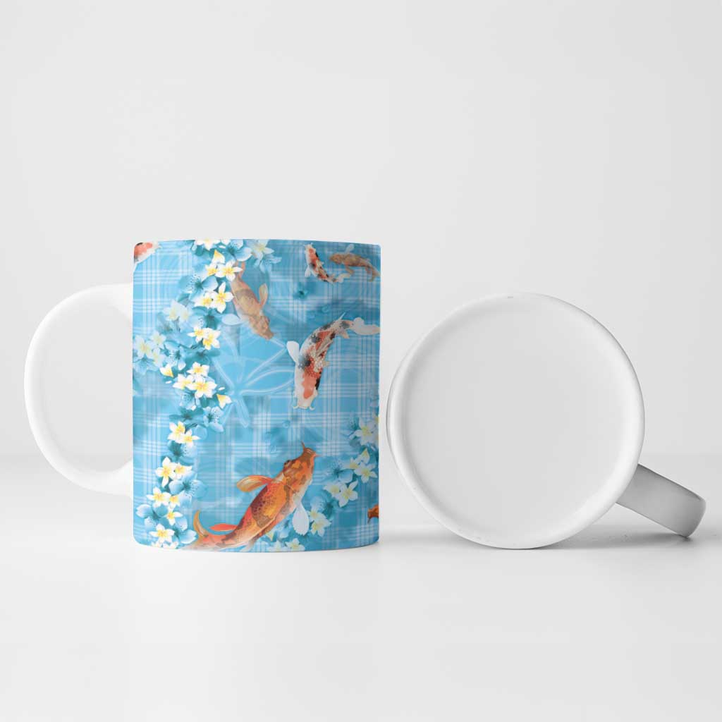 Blue Palaka Hawaiian And Japanese Ceramic Mug Sakura Lei With Koi Fish DT05 - Polynesian Pride