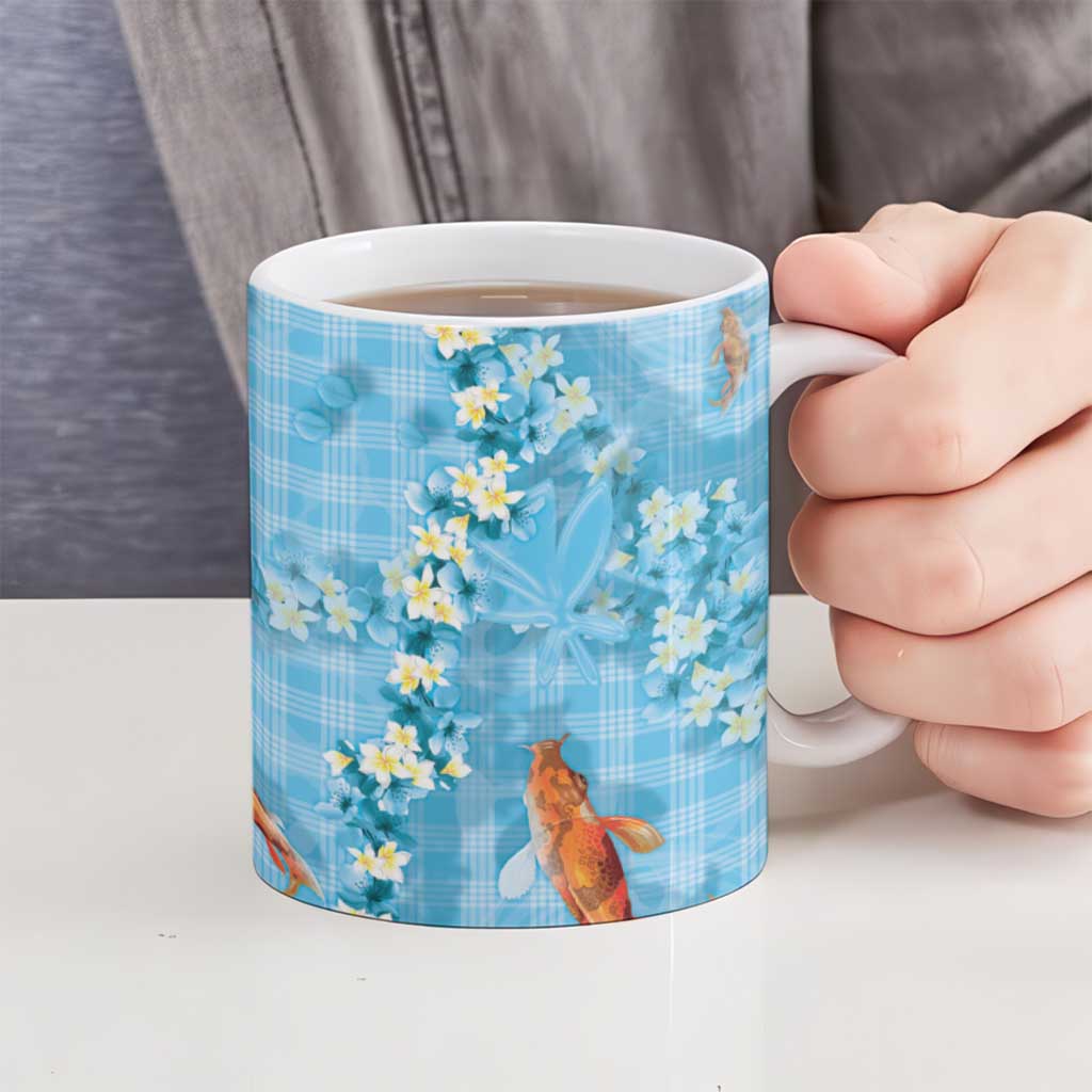 Blue Palaka Hawaiian And Japanese Ceramic Mug Sakura Lei With Koi Fish DT05 - Polynesian Pride