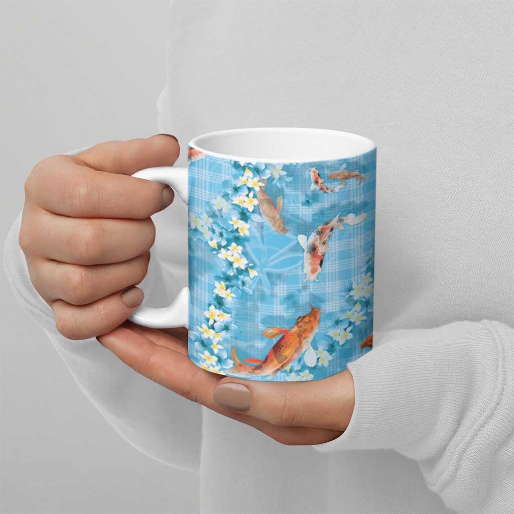 Blue Palaka Hawaiian And Japanese Ceramic Mug Sakura Lei With Koi Fish DT05 - Polynesian Pride