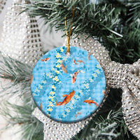 Blue Palaka Hawaiian And Japanese Ceramic Ornament Sakura Lei With Koi Fish - Polynesian Pride