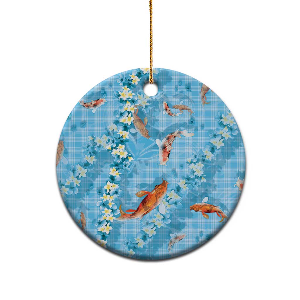 Blue Palaka Hawaiian And Japanese Ceramic Ornament Sakura Lei With Koi Fish - Polynesian Pride