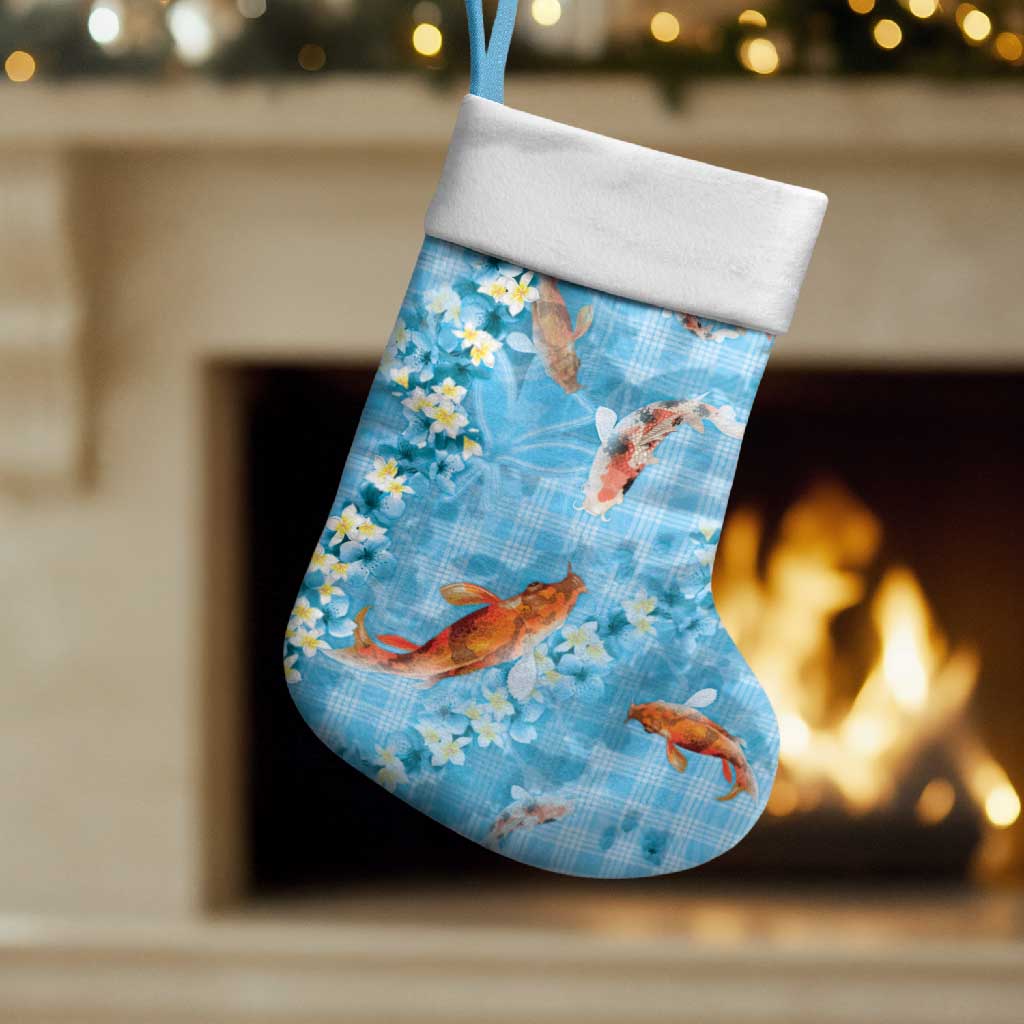 Blue Palaka Hawaiian And Japanese Christmas Stocking Sakura Lei With Koi Fish - Polynesian Pride