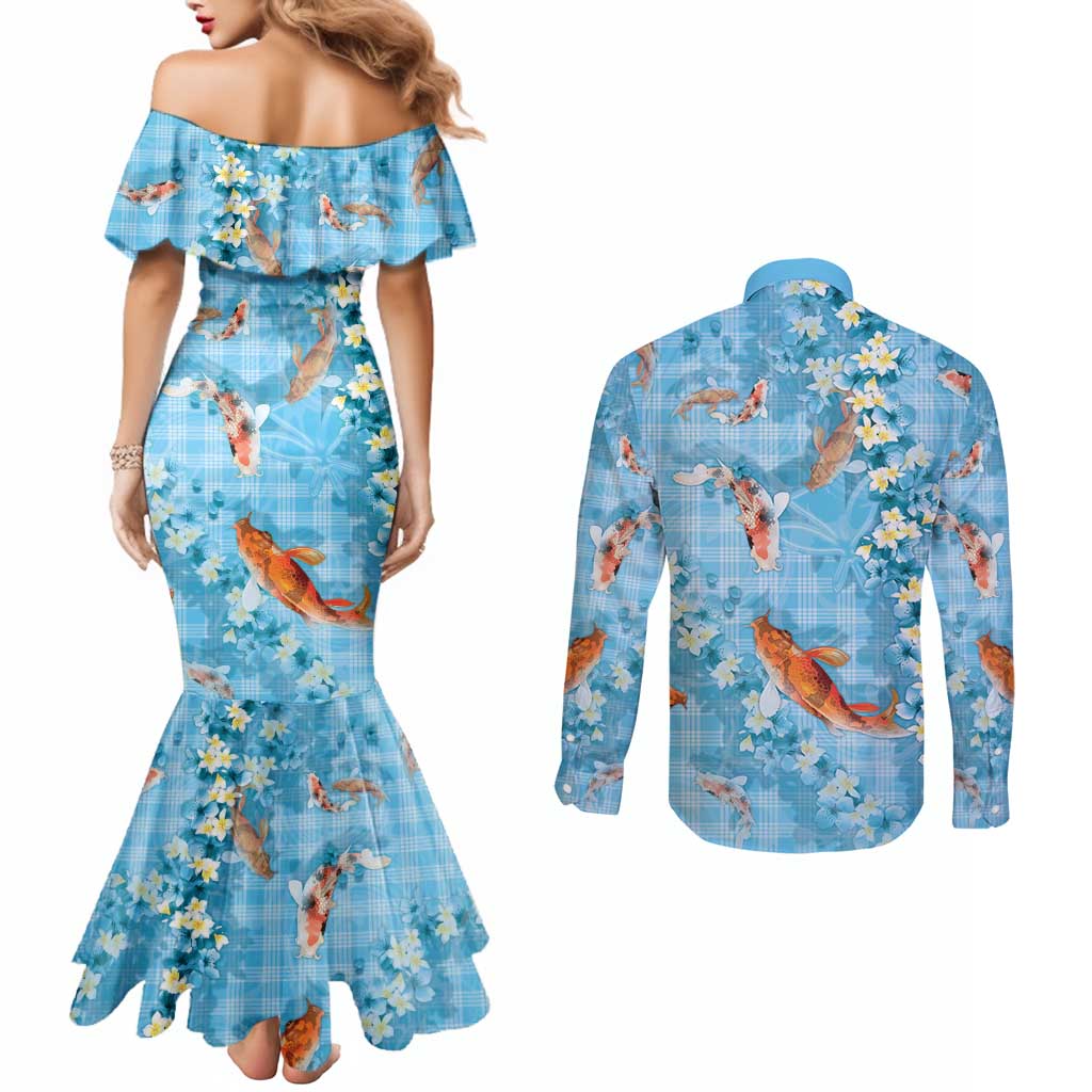 Blue Palaka Hawaiian And Japanese Couples Matching Mermaid Dress and Long Sleeve Button Shirt Sakura Lei With Koi Fish - Polynesian Pride