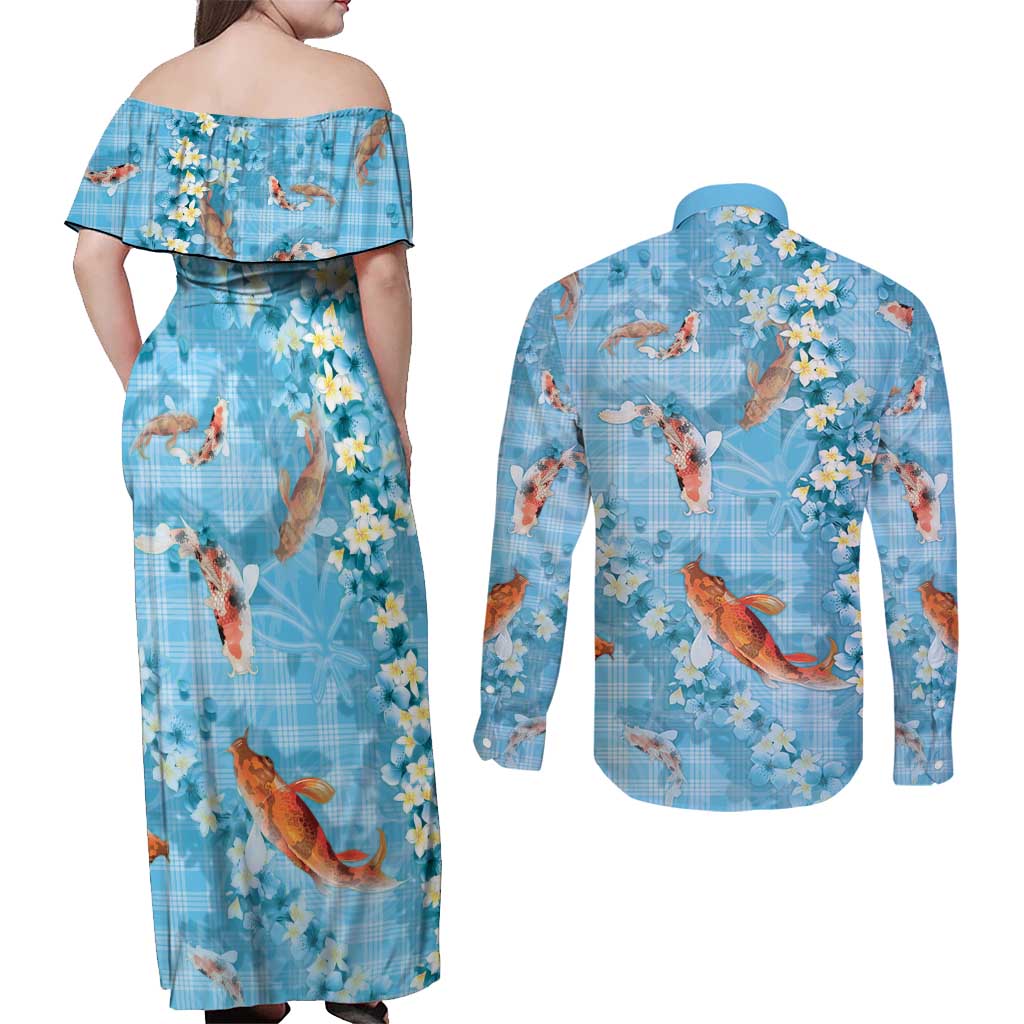 Blue Palaka Hawaiian And Japanese Couples Matching Off Shoulder Maxi Dress and Long Sleeve Button Shirt Sakura Lei With Koi Fish - Polynesian Pride
