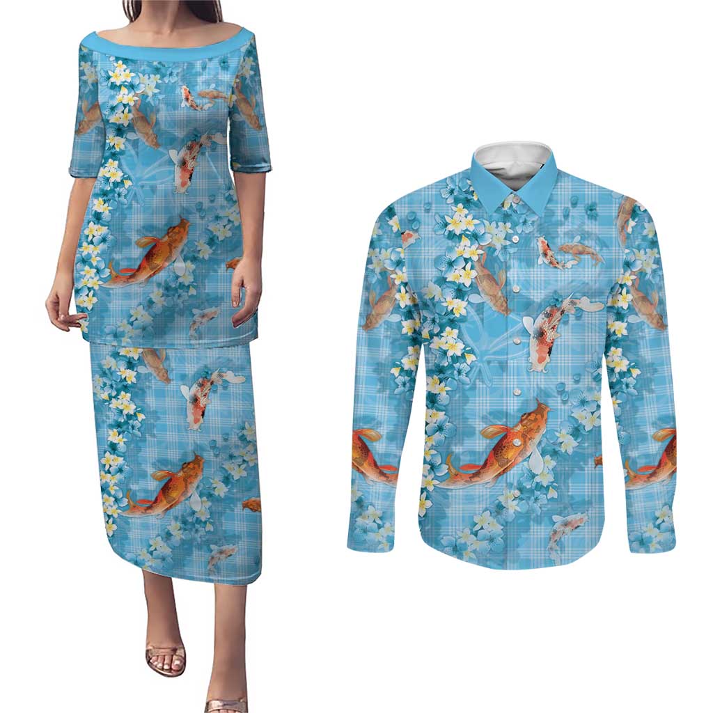 Blue Palaka Hawaiian And Japanese Couples Matching Puletasi and Long Sleeve Button Shirt Sakura Lei With Koi Fish DT05 Blue - Polynesian Pride
