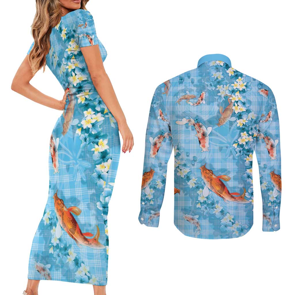 Blue Palaka Hawaiian And Japanese Couples Matching Short Sleeve Bodycon Dress and Long Sleeve Button Shirt Sakura Lei With Koi Fish - Polynesian Pride
