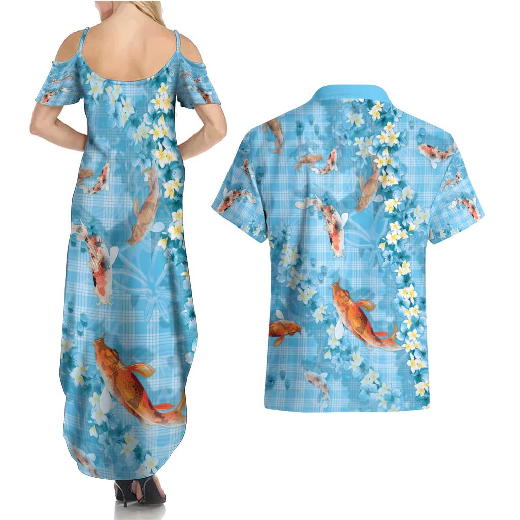 Blue Palaka Hawaiian And Japanese Couples Matching Summer Maxi Dress and Hawaiian Shirt Sakura Lei With Koi Fish - Polynesian Pride