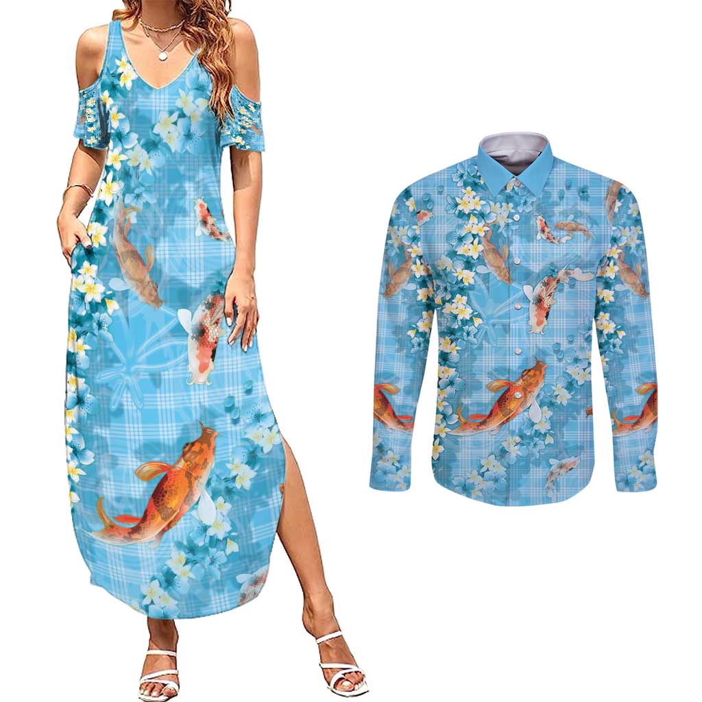 Blue Palaka Hawaiian And Japanese Couples Matching Summer Maxi Dress and Long Sleeve Button Shirt Sakura Lei With Koi Fish - Polynesian Pride