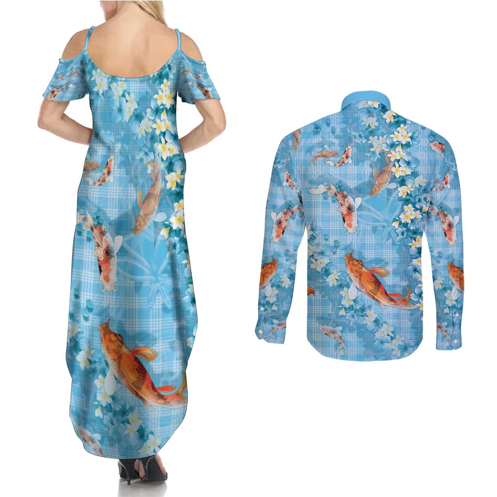 Blue Palaka Hawaiian And Japanese Couples Matching Summer Maxi Dress and Long Sleeve Button Shirt Sakura Lei With Koi Fish - Polynesian Pride