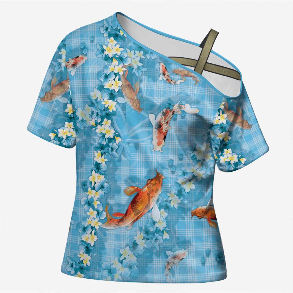 Blue Palaka Hawaiian And Japanese Cross Shoulder Shirt Sakura Lei With Koi Fish DT05 Female Blue - Polynesian Pride
