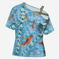 Blue Palaka Hawaiian And Japanese Cross Shoulder Shirt Sakura Lei With Koi Fish DT05 Female Blue - Polynesian Pride