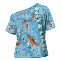 Blue Palaka Hawaiian And Japanese Cross Shoulder Shirt Sakura Lei With Koi Fish DT05 - Polynesian Pride