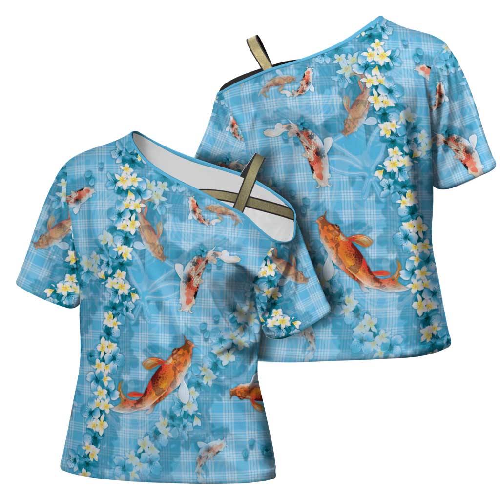 Blue Palaka Hawaiian And Japanese Cross Shoulder Shirt Sakura Lei With Koi Fish DT05 - Polynesian Pride