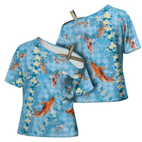 Blue Palaka Hawaiian And Japanese Cross Shoulder Shirt Sakura Lei With Koi Fish DT05 - Polynesian Pride